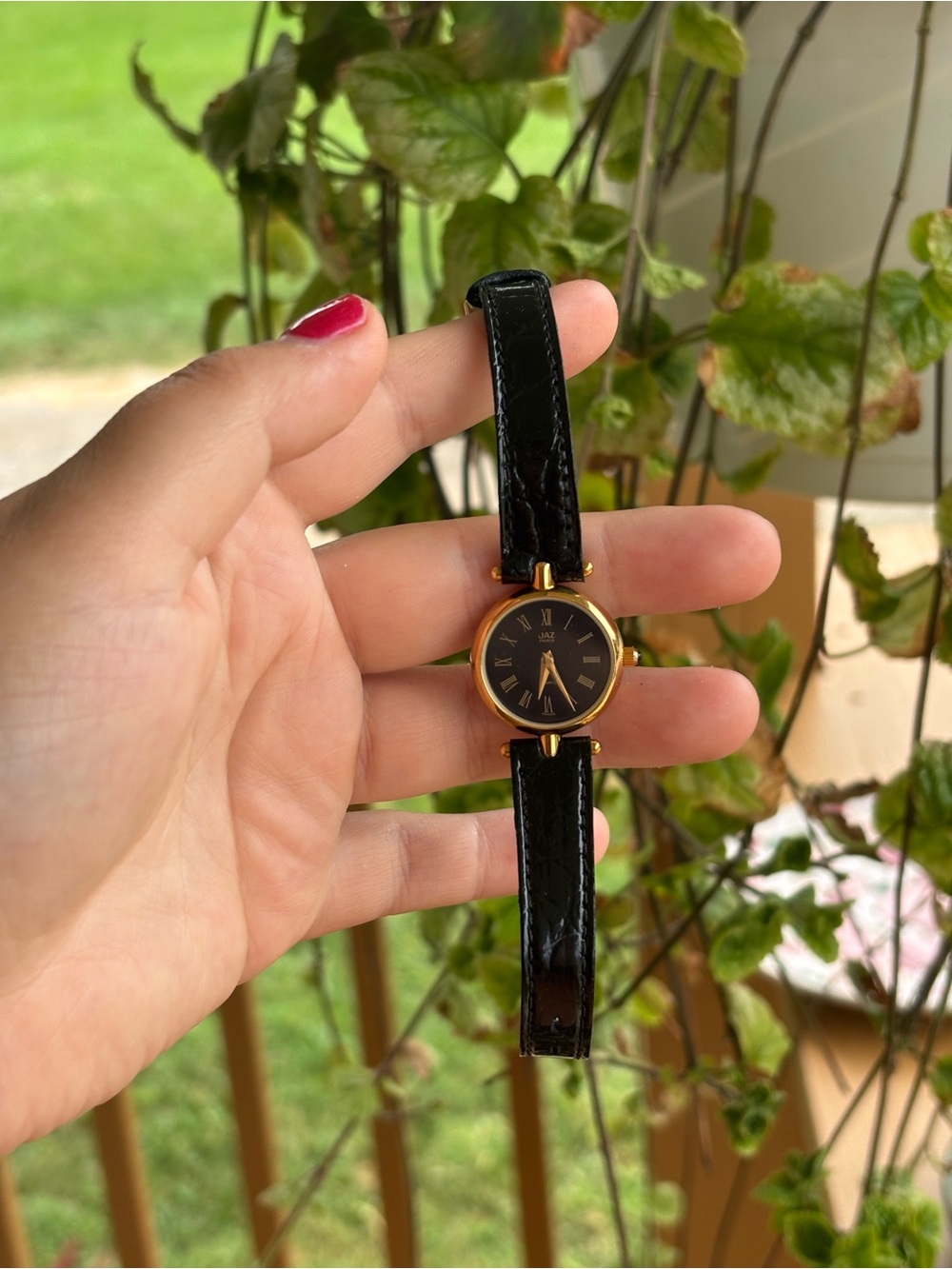 Jaz Paris by Seiko Gold tone black leather band dainty vintage elegant watch